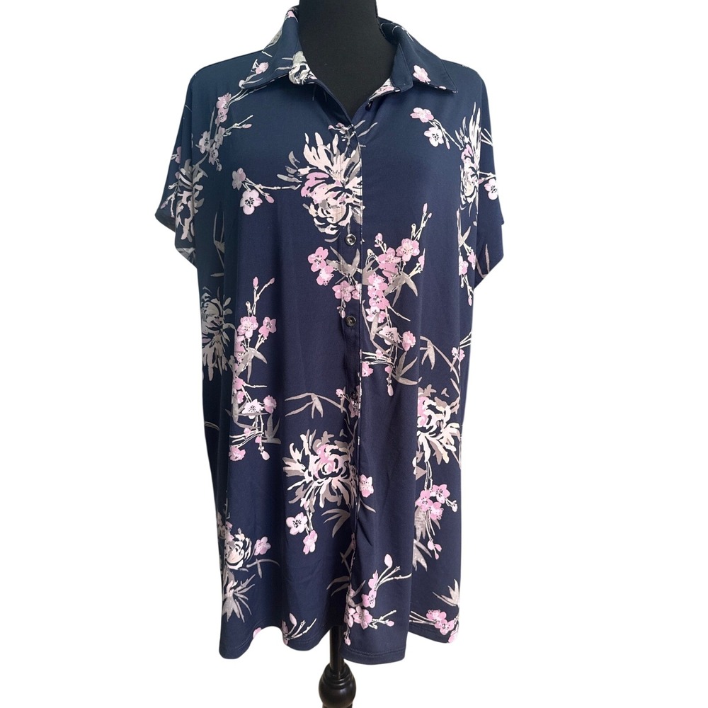 H byHalston Navy Pink Floral Button Down Tunic Top Short Sleeve Blouse est sz 2X